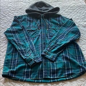 No Boundaries Blue and Green Plaid Shirt with Hood